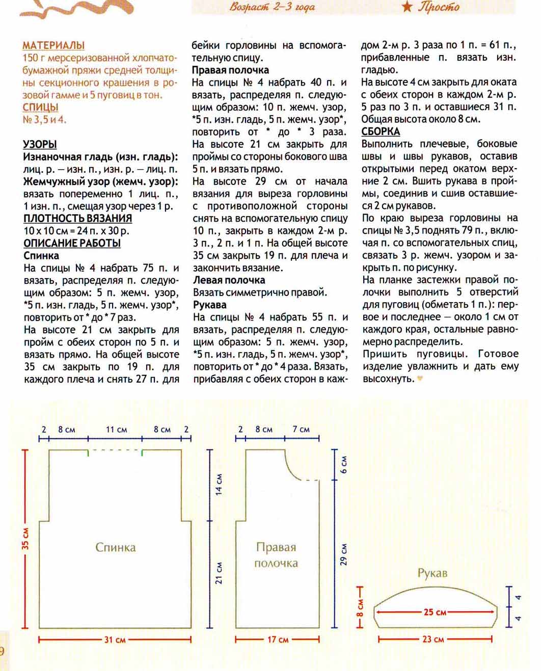 Кофта девочке 1.5 года спицами с описанием