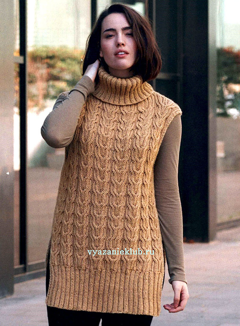 Вязание для женщин. Желтый пуловер спицами c ажуром и косами
